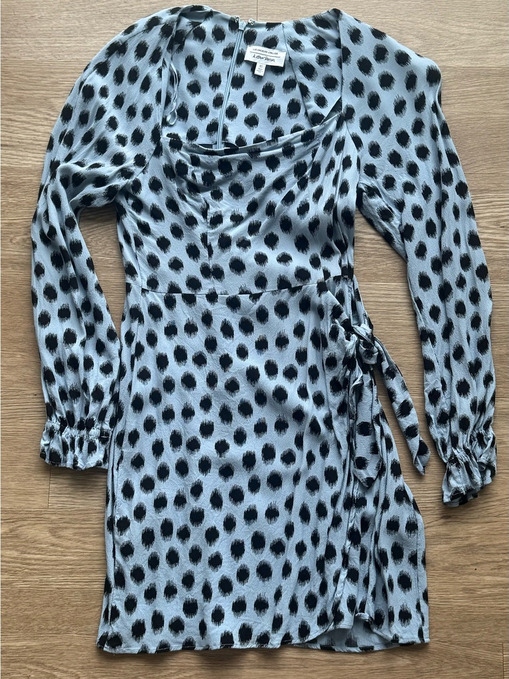 & Other Stories Light Blue and Black Polka Dot Wrap Mini Dress